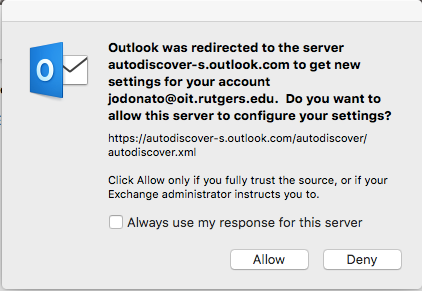 outlook 2016 mac always use my response for this server