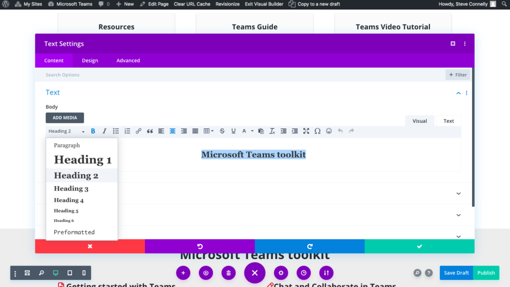 Screenshot of using Heading 2 on Divi Visual Builder