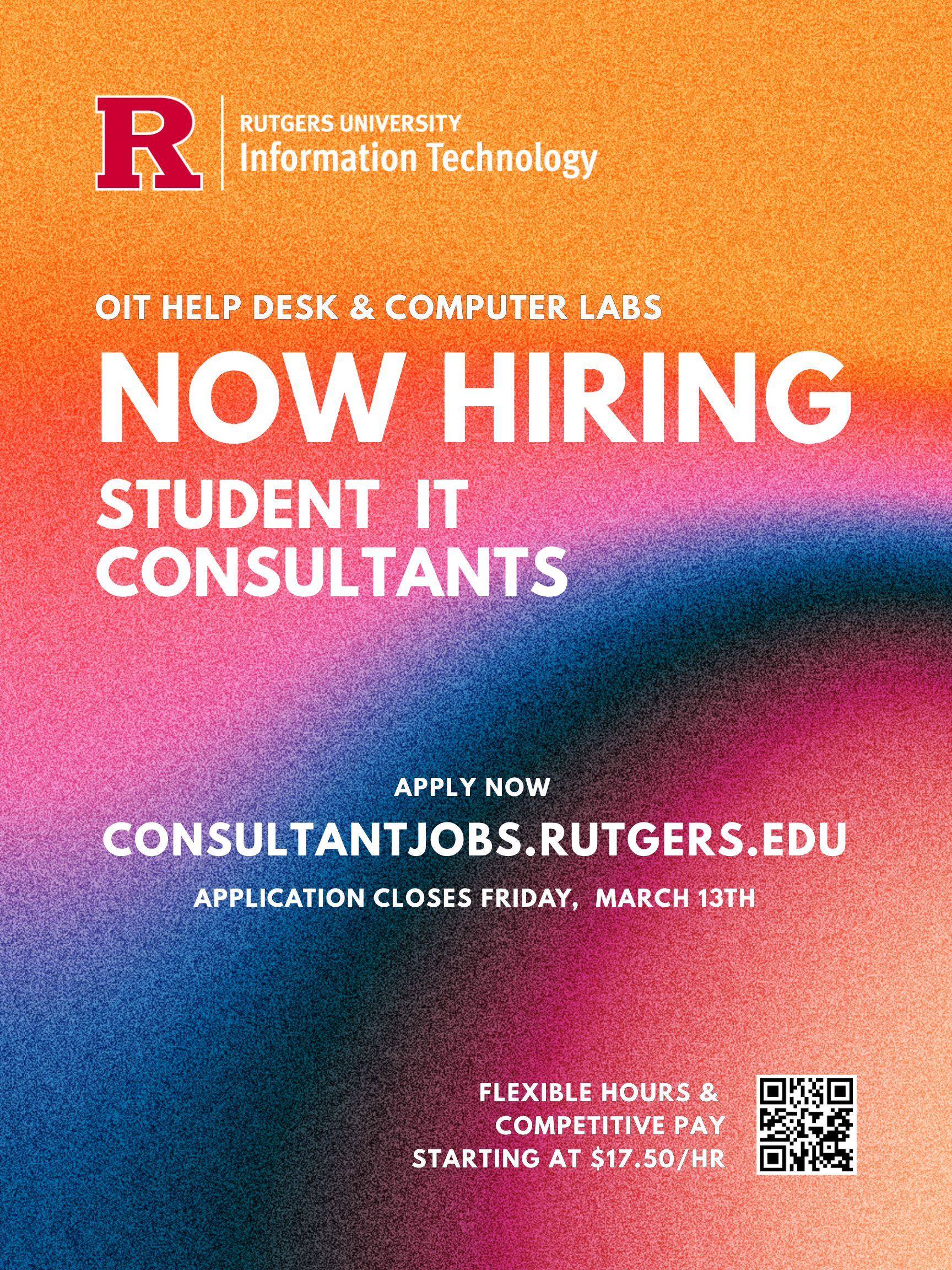 OIT Help Desk and Computer Labs now hiring student IT consultants. Apply now consultantjobs.rutgers.edu. Application closes Friday Friday, March 13