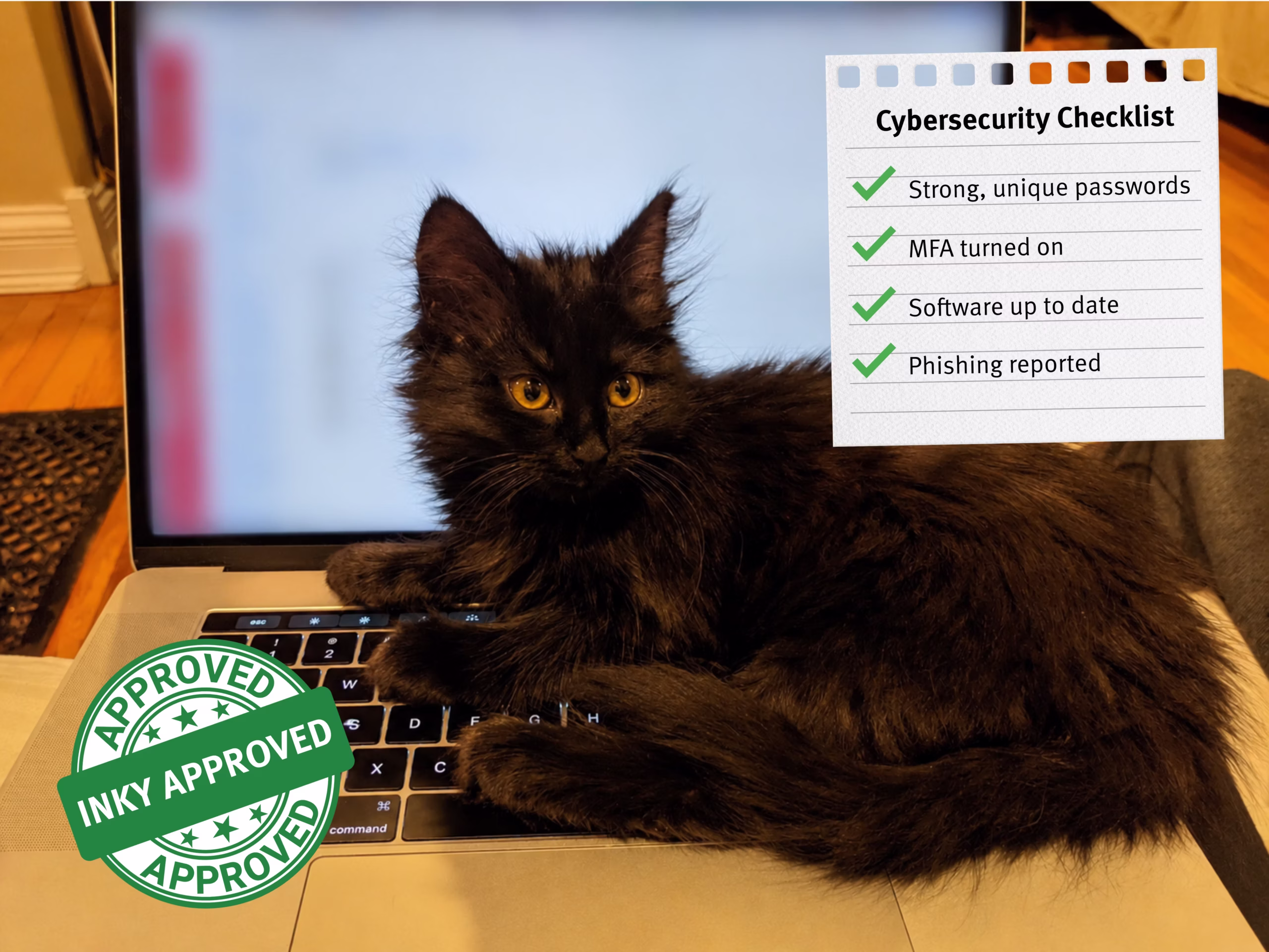 Cybersecurity checklist: Strong, unique passwords. MFA turned on. Software up to date. Phishing reported.